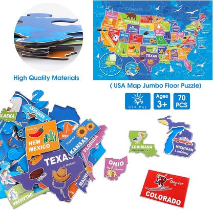 Jumbo Floor Puzzle for Kids,World Map Jigsaw Geography Puzzles,48 Piece Globe Atlas Puzzle with Continents,United States Puzzle for Ages 3-5,Preschool Learning Toys Easter Gift for 4-8 Years Old