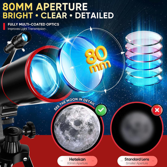 HETEKAN Telescope for Kids & Adults High Powered, 80mm Aperture 500mm Astronomy Telescope for Beginners (20X-150X), Portable Refractor Telescope with Tripod, Phone Adapter, Backpack & Stickers (Black)
