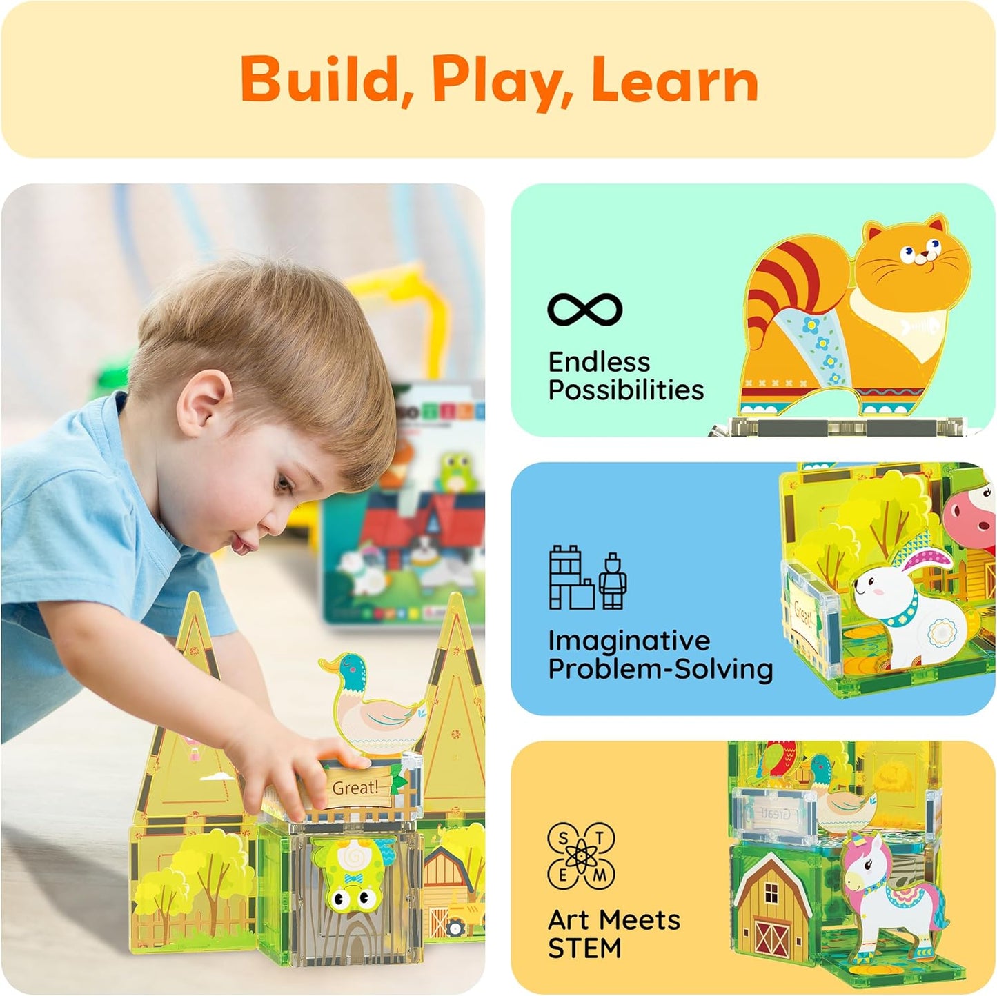PicassoTiles Magnetic Tile Building Blocks Add On 8 Magnetized Action Figures Construction Vehicles & Zoo Animal Theme Compatible with Magnet Tiles Sets STEM Learning Toy for Boys & Girls Age 3+ PTA21