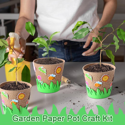72 Pcs 4 Inch Garden Paper Pot Craft Kit Spring Crafts Bulk Including Round Paper Mache Pots Adhesive Foam Sticker EVA Grass Sticker Mother's Day DIY Planting Growing Garden Kit