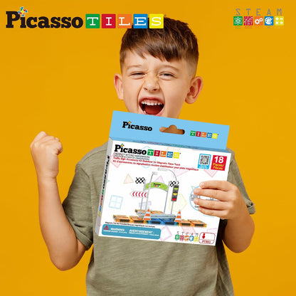 PicassoTiles Magnetic Tiles Race Track Car Thrilling Toy Playset Includes 2 Racing Trucks STEM Educational Magnet Tile Building Block Construction Set for Toddlers Boys Girls Ages 3 and Older PTR30