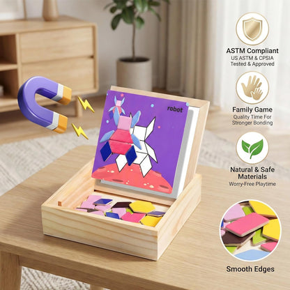 Magnetic Pattern Blocks Set, 75 Pcs Wooden Montessori Jigsaw Puzzles for Kids Ages 3-8, Geometric Shape Tangram with 60 Patterns & Storage Box, Travel STEM Toy Fridge Magnets Gift