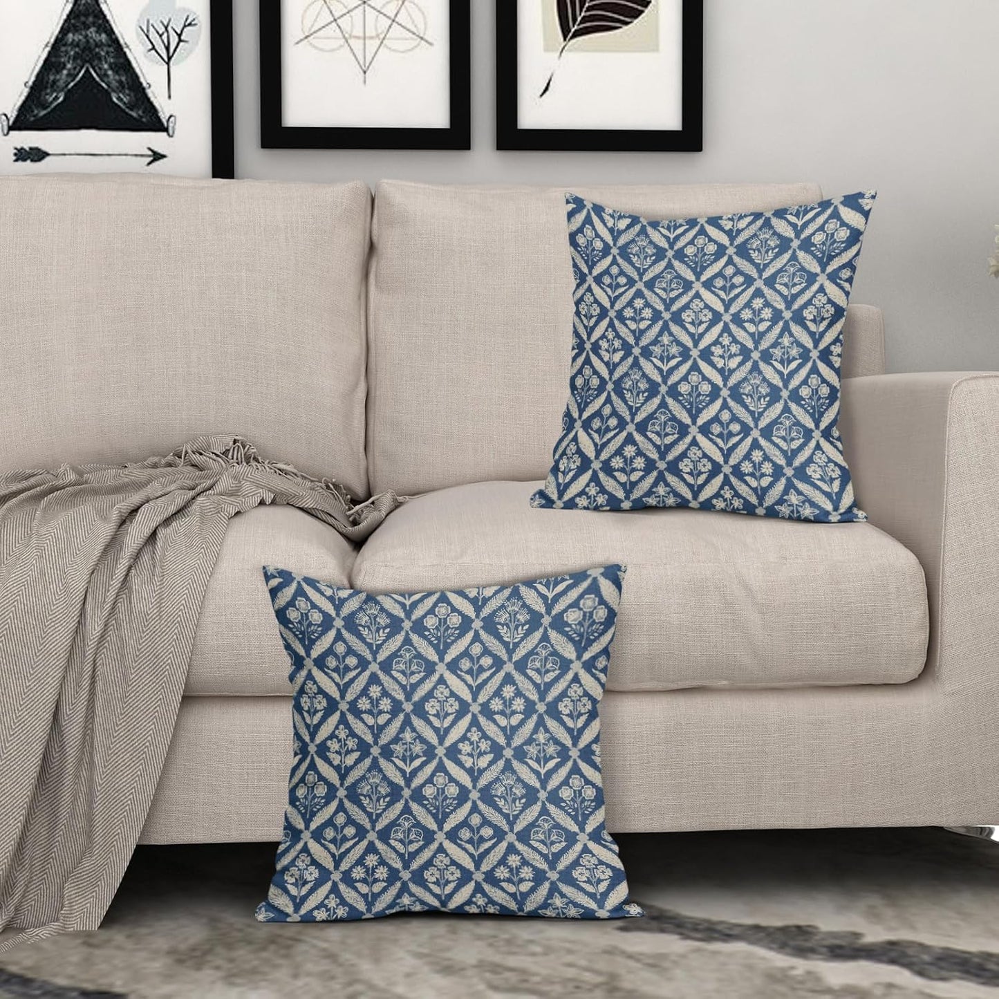 Blue Green Floral Block Print Pillow Covers 12X20 Set of 2, Flower Pattern Spring Summer Print Decorative Throw Pillow Covers Outdoor Farmhouse Seasonal Cushion Case Couch Sofa Bed Decor
