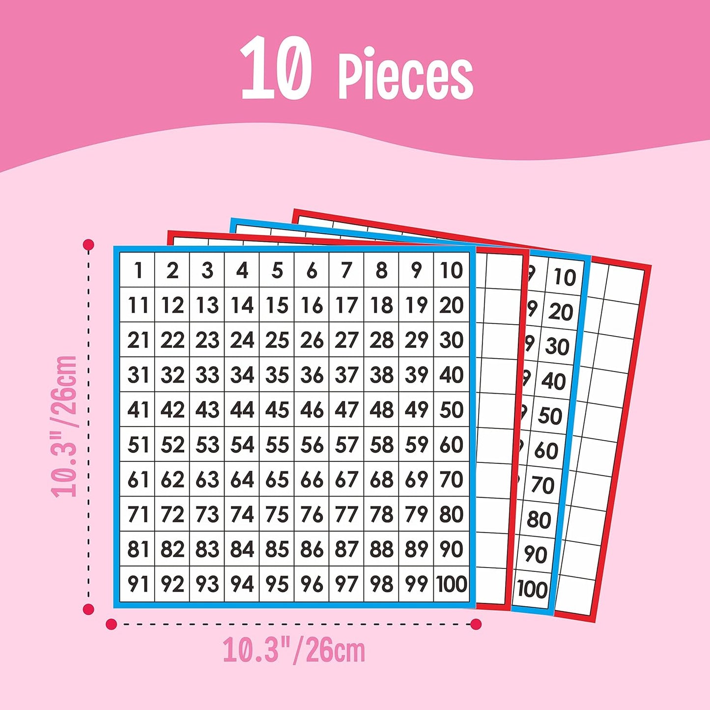 Math Hundred Boards, Laminated Double Sided Number 1-100 Chart Easy to Write Consecutive Number Counting Chart for Kids Classroom, Homeschool, School Supplies (10 Sheets)