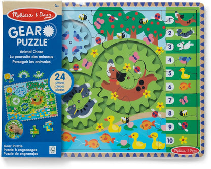 Melissa & Doug Wooden Animal Chase Jigsaw Spinning Gear Puzzle – 24 Pieces Wooden Puzzle for Toddlers and Preschoolers, for Boys and Girls Ages 3+