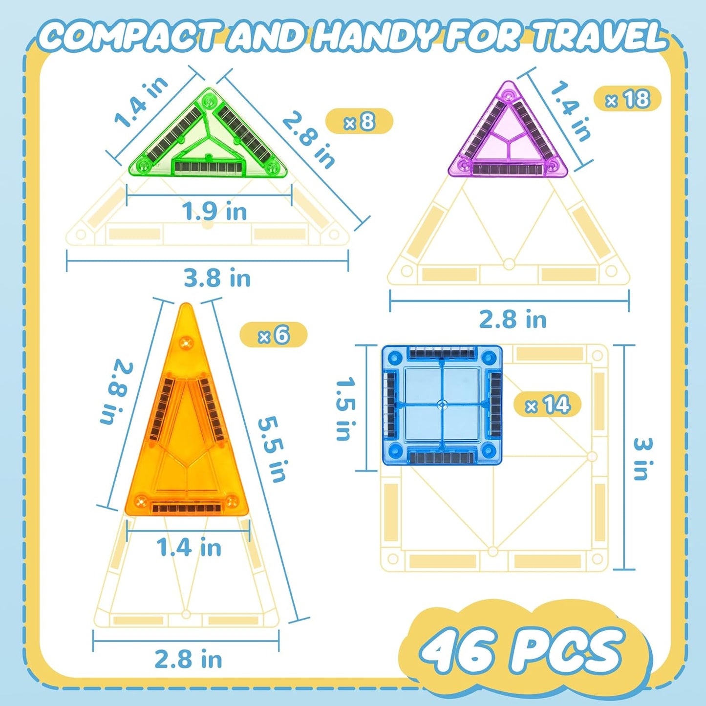 cossy Mini Magnetic Tiles, 46 PCS Magnet Tiles Travel Toys with Iron Box, Travel Magnetic Tiles for Restaurant, Car & Plane Play, Toys for 3 4 5 6 7 8 Year Old Boy and Girl