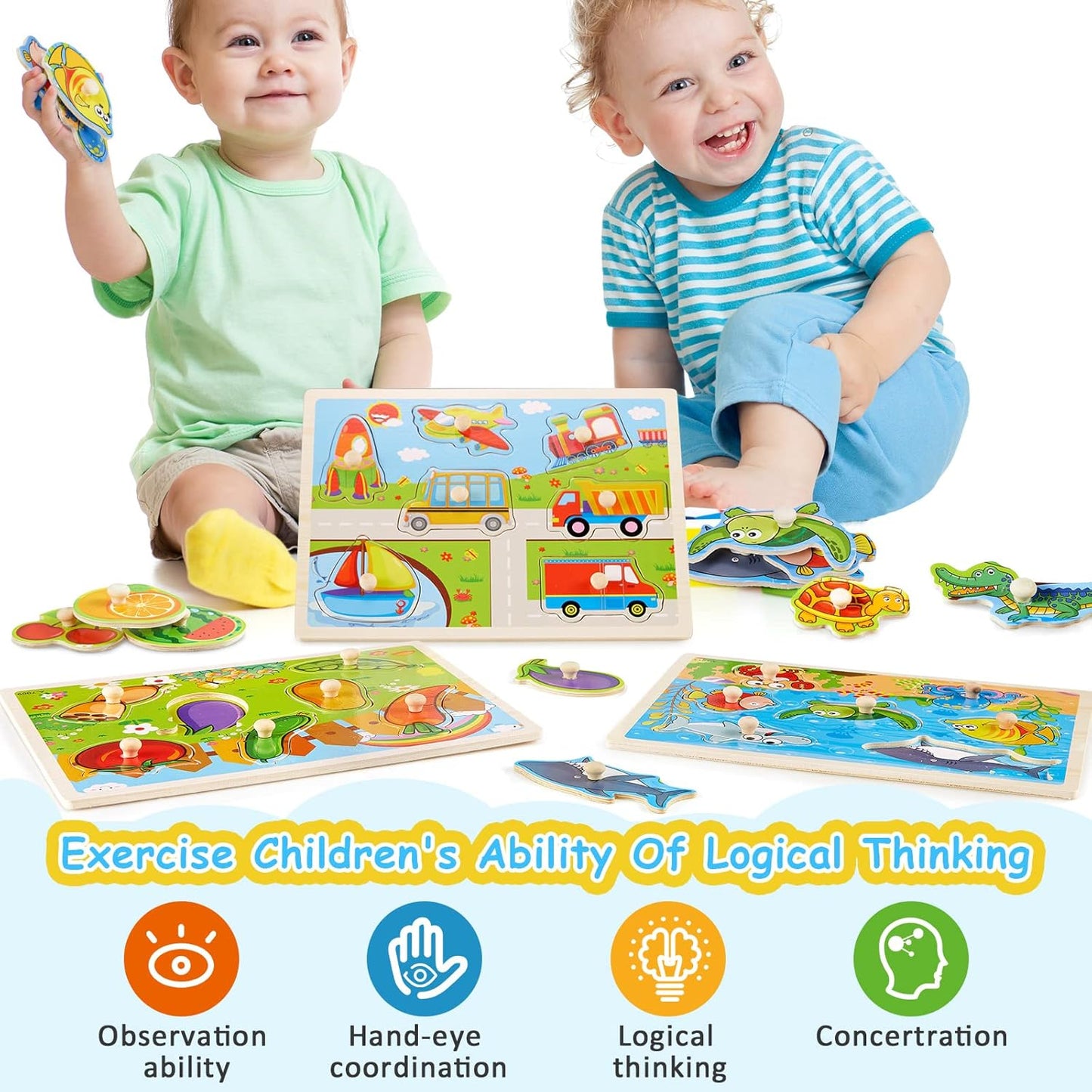 Chivao 8 Pack Wooden Peg Puzzles for Toddlers 2 3 4 5 Years Old Wood Peg Puzzle Animals Wood Jigsaw Puzzles with Animal Vehicle Fruit Shapes, Learning Educational Toy Kids Puzzle for Girls and Boys