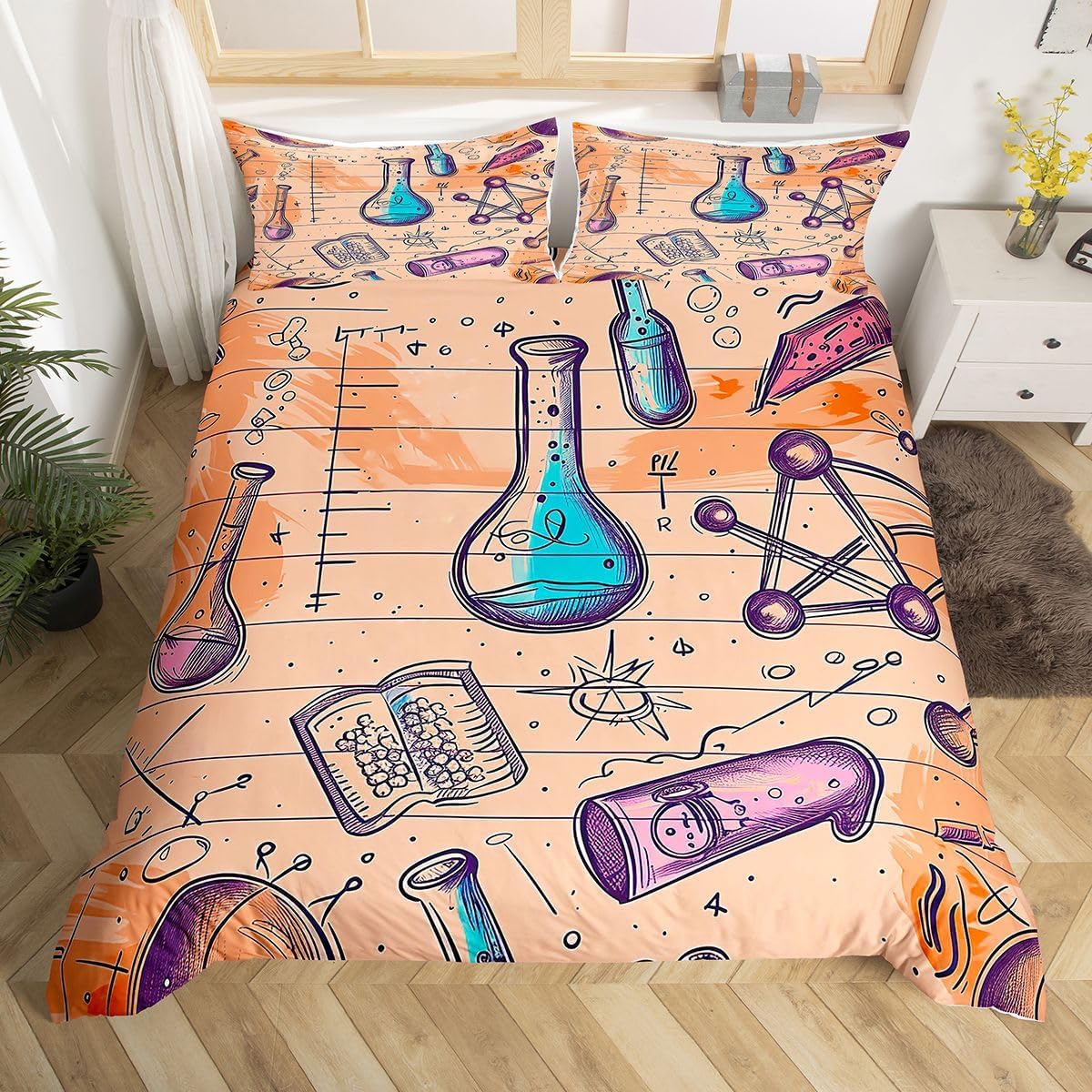 Erosebridal Chemistry Lab Bedding Set Twin Size Chemical Equation Duvet Cover for Boys Girls Chemical Elements Science Theme Comforter Cover Teens Kids Science Students Bedding School Dorm Room Decor