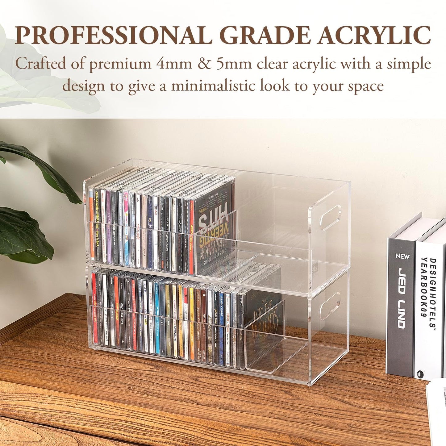MyGift Modern Premium Clear Acrylic Stackable CD Holder Rack with Cutout Carrying Handles, Compact Disc Jewel Case Display Crate, Media Storage Organizer