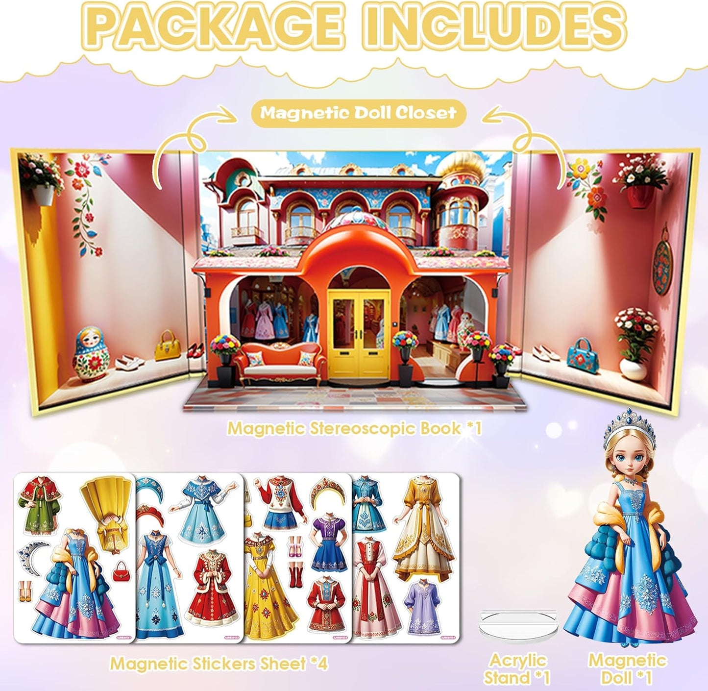 Magnetic Dress Up Dolls for Girls - Princess Magnet Paper Dolls Book with 3D City Buildings - Travel Car Trip Quiet Book Game Toys Easter Birthday Gifts for Kids Toddlers Ages 3 4 5 6 7(Style C)