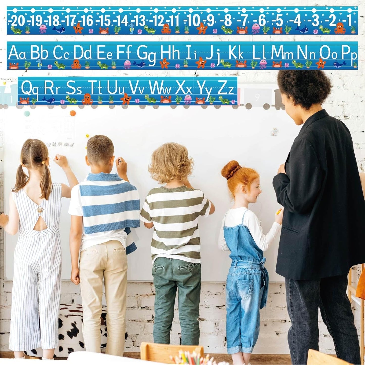 32Pcs A to Z Alphabet and -20-100 Number Cards Boho Bulletin Board Under The Sea Ocean Summer Sunflower Bee Theme Classroom Decorations Math Posters for Wall School Teacher Supplies (Sea Number)