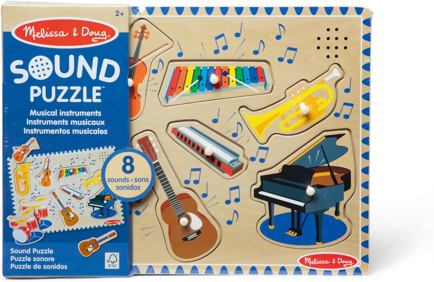Melissa & Doug Musical Instruments Sound Puzzle - Wooden Peg Puzzle with Light-Activated Sound Effects (8 pcs) Wooden Peg Baby Music Learning Toys, for Toddlers and Preschoolers Ages 2+