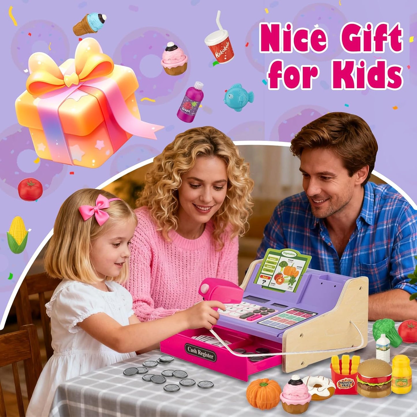 Wooden Cash Register for Kids with Shopping Cart Rechargeable Kid Cash Register with Scanner Gift for Kid Age 3 4 5 6 7 8 9 Year Old Pretend Play for Toddlers Toys for 3-12 Year Old Kids