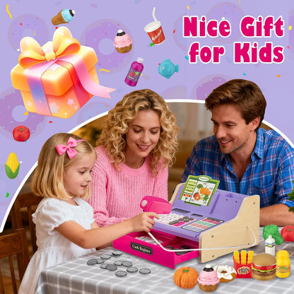 Wooden Cash Register for Kids with Shopping Cart Rechargeable Kid Cash Register with Scanner Gift for Kid Age 3 4 5 6 7 8 9 Year Old Pretend Play for Toddlers Toys for 3-12 Year Old Kids