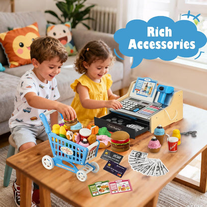 Wooden Cash Register for Kids with Shopping Cart Rechargeable Kid Cash Register with Scanner Gift for Kid Age 3 4 5 6 7 8 9 Year Old Pretend Play for Toddlers Toys for 3-12 Year Old Kids