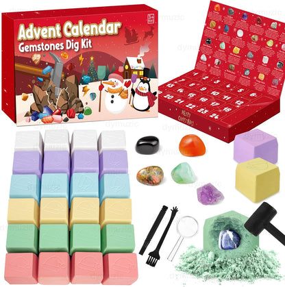 Advent Calendar 2025 Kids, Gemstone Dig Kit Advent Calendar - Dig Up 24 Real Gemstones, Rokcs, and Crystals, Gem Digging Kit, Gift for Girls and Boys,