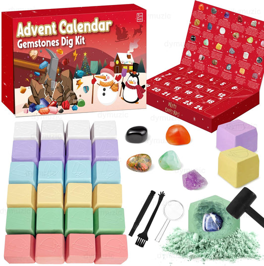 Advent Calendar 2025 Kids, Gemstone Dig Kit Advent Calendar - Dig Up 24 Real Gemstones, Rokcs, and Crystals, Gem Digging Kit, Gift for Girls and Boys,