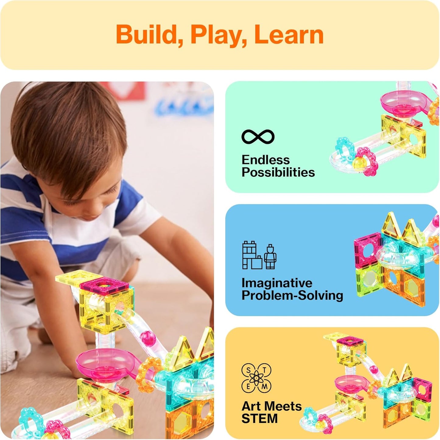 PicassoTiles Marble Run 60 Piece Race Track Magnetic Tiles Magnet Building Block Educational Construction Toy Set Playset STEM Learning Kit Child Brain Development HandEye Coordination Training PTG60