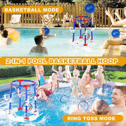 Taotuo Red Floating Pool Basketball Hoop, 2-in-1 Basketball & Ring Toss Game with 4 Balls, 6 Rings&Pump, Summer Pool Toys Outdoor Water Fun Family Party for Age 3-12