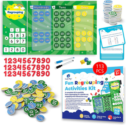 113 PCS Fun Magnetic Regrouping Activities Kit, Place Value Magnets 1st 2nd 3rd 4th Grade, Magnetic Place Value Chart Mat, Magnetic Place Value Discs Chips, Base Ten Math Manipulatives - Simply Magic