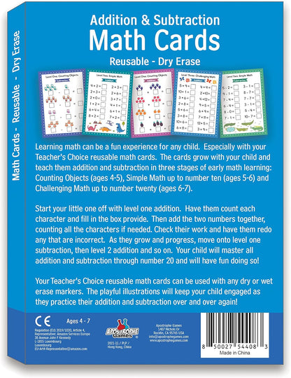 Addition & Subtraction Dry Erase Cards, Reusable Math Sheets, Childhood Education, Learning Tools, Math Flash Cards