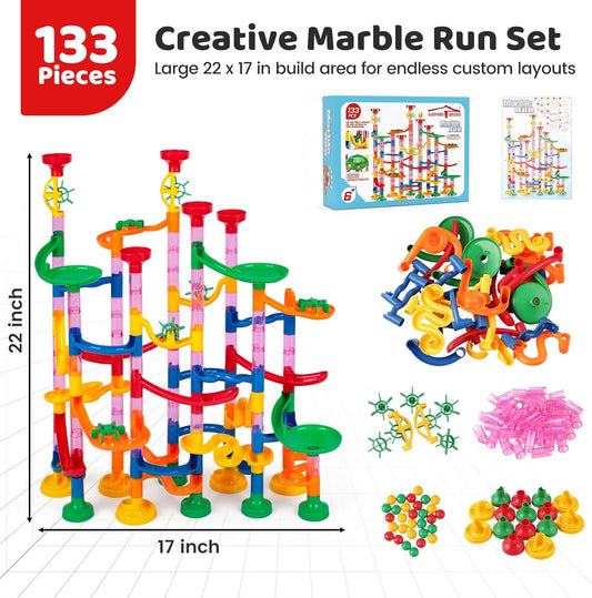 LovesTown Marble Run Toys, 133PCS Marble Maze Game for Kid, Construction Building Blocks Toys with Marbles, for Kids and Parent-Child Games, Classroom Valentines Exchange Gifts, Birthday Gift for Kids