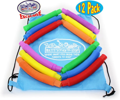 Matty's Toy Stop Pull 'N Pop Multi-Color Tubes (Toobs) with Storage Bag - 12 Pack