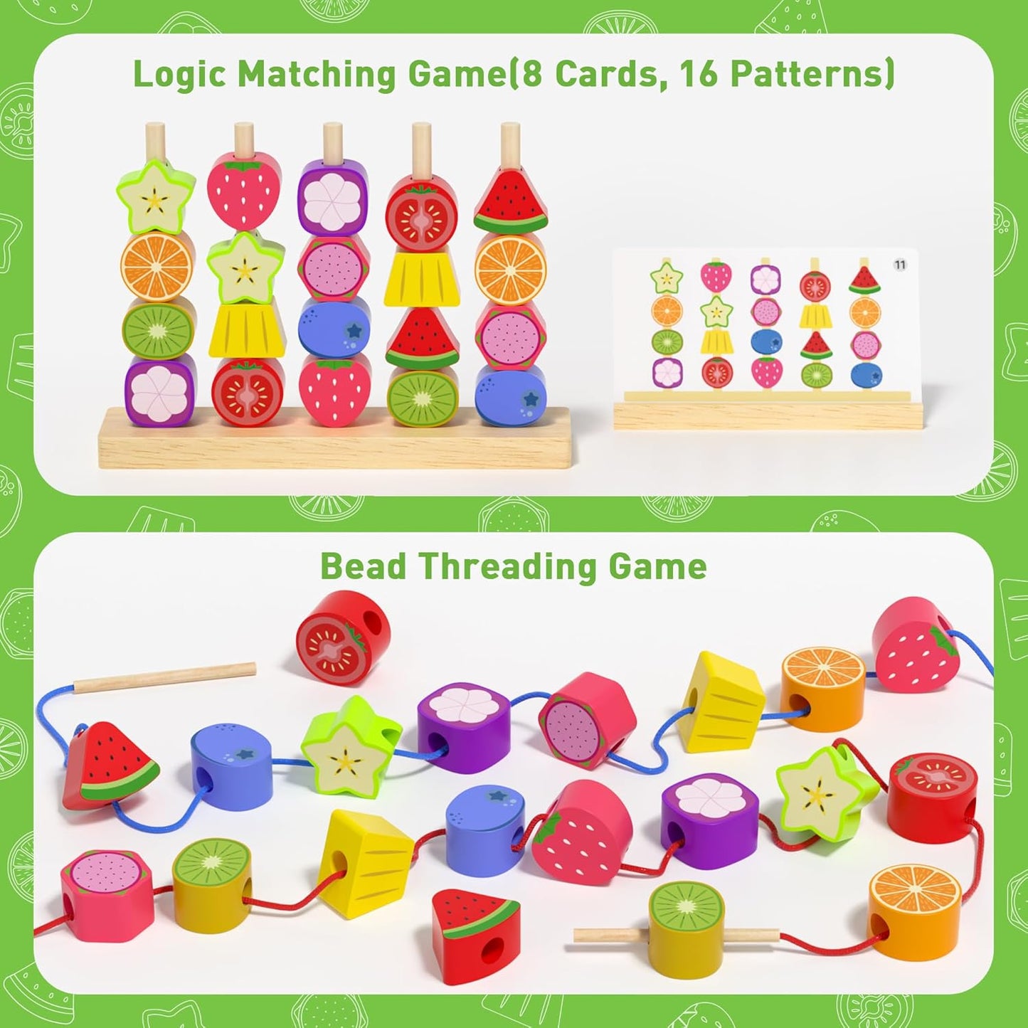 Melofaver Montessori Toys for 3 4 5 Year Old, Wooden Fruit Toddler Stacking Toys, Stacking Blocks & Lacing Beads & Shape Sorter Toy for Toddler, STEM Preschool Learning Toys for Kids Boys Girls
