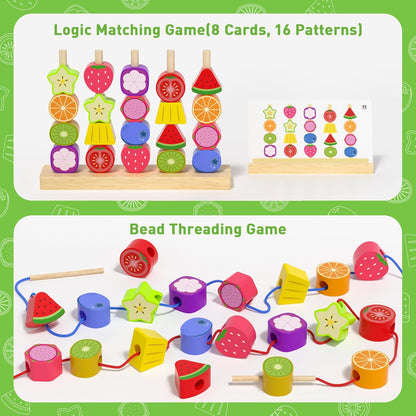 Melofaver Montessori Toys for 3 4 5 Year Old, Wooden Fruit Toddler Stacking Toys, Stacking Blocks & Lacing Beads & Shape Sorter Toy for Toddler, STEM Preschool Learning Toys for Kids Boys Girls