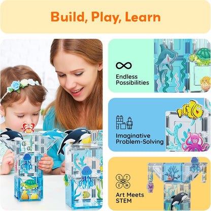 PicassoTiles Magnet Tiles Magnetic Building Blocks Aquarium Marine Animal Theme Set with 8 Character Action Figures Shark Crab Turtle STEM Toys Construction Preschool Toddlers Kids Boys Girls 3+ PTQ15