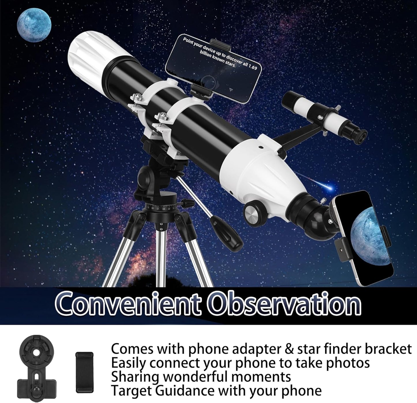 Hawkko Telescope, 90mm Aperture 900mm Astronomical Refractor Telescope for Adults High Powered - Multi-Coated Professional Telescopes for Astronomy Beginners with AZ Mount, Carry Bag, Phone Adapter