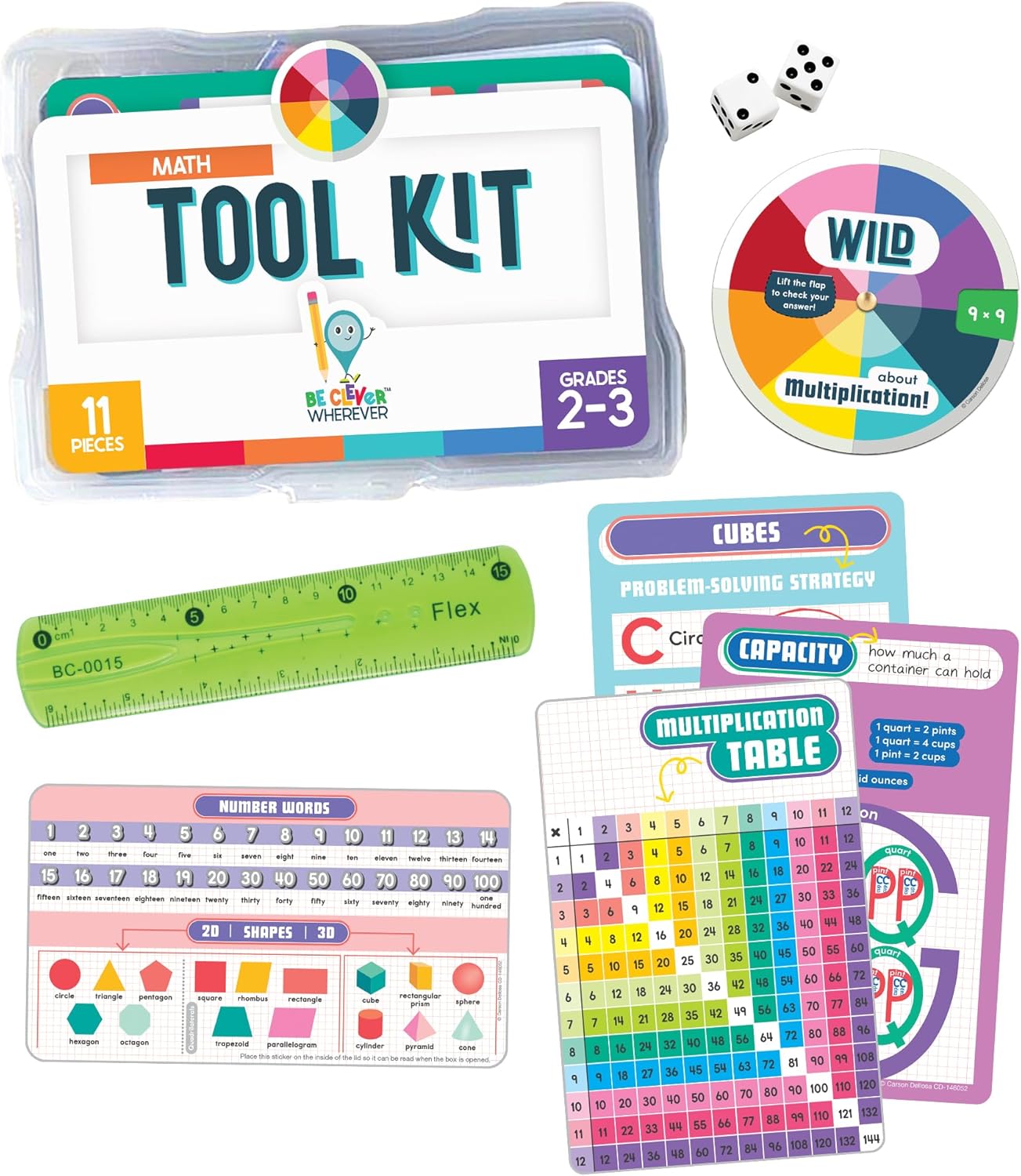 Carson Dellosa 30-Piece Be Clever Wherever Grades 4-5 Mathematics Tool Kit, Sticker Chart, Spin Wheel, Counting Cubes, and More Math Manipulatives Covering Multiplication and Fractions