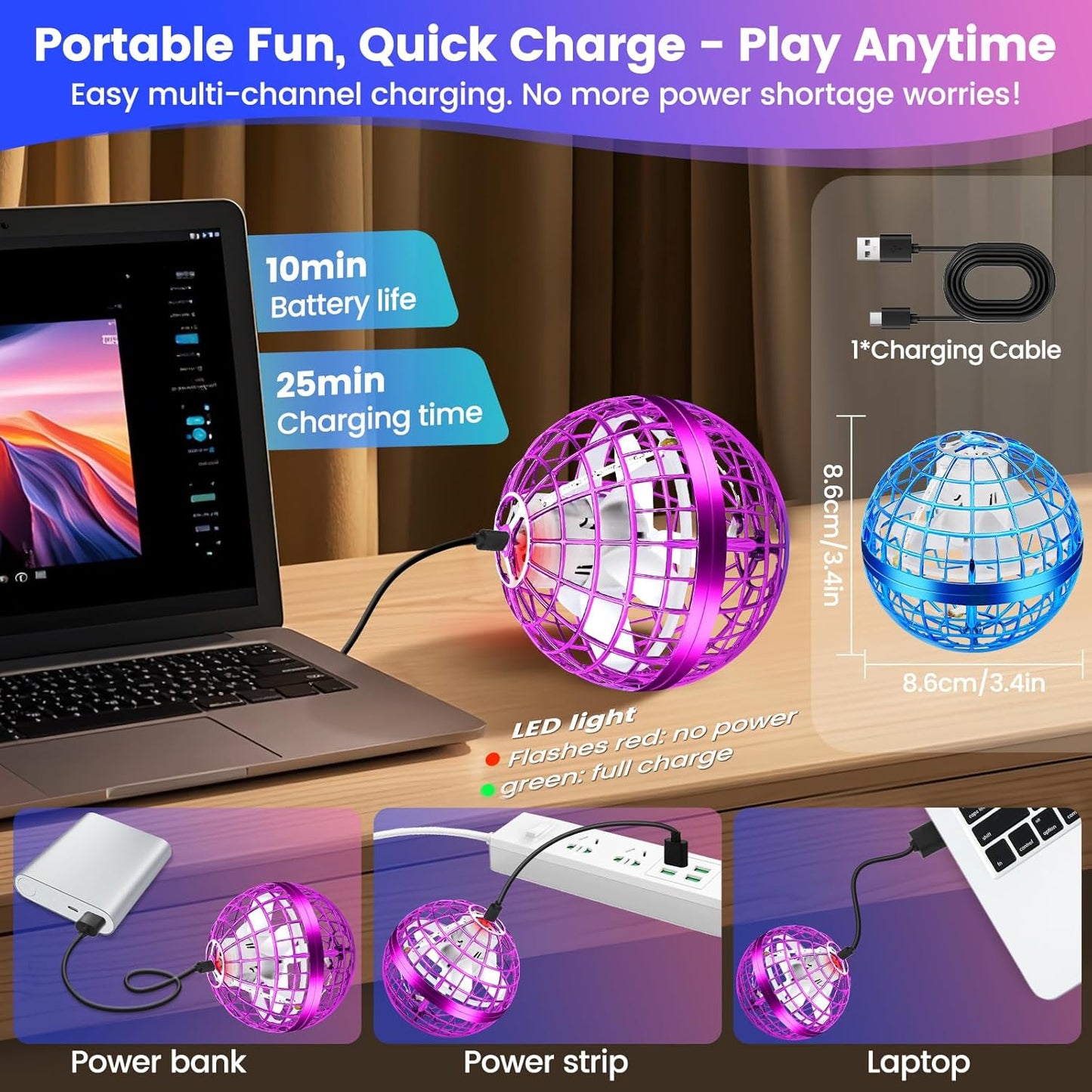 Flying Orb Ball Toy, 2026 Upgrade Hand Controlled Hover Ball with LED Lights,360° Rotating Boomerang Globe Cool Mini Drone, Ideal Birthday&Christmas Gift for Boys Girls-Blue & Purple