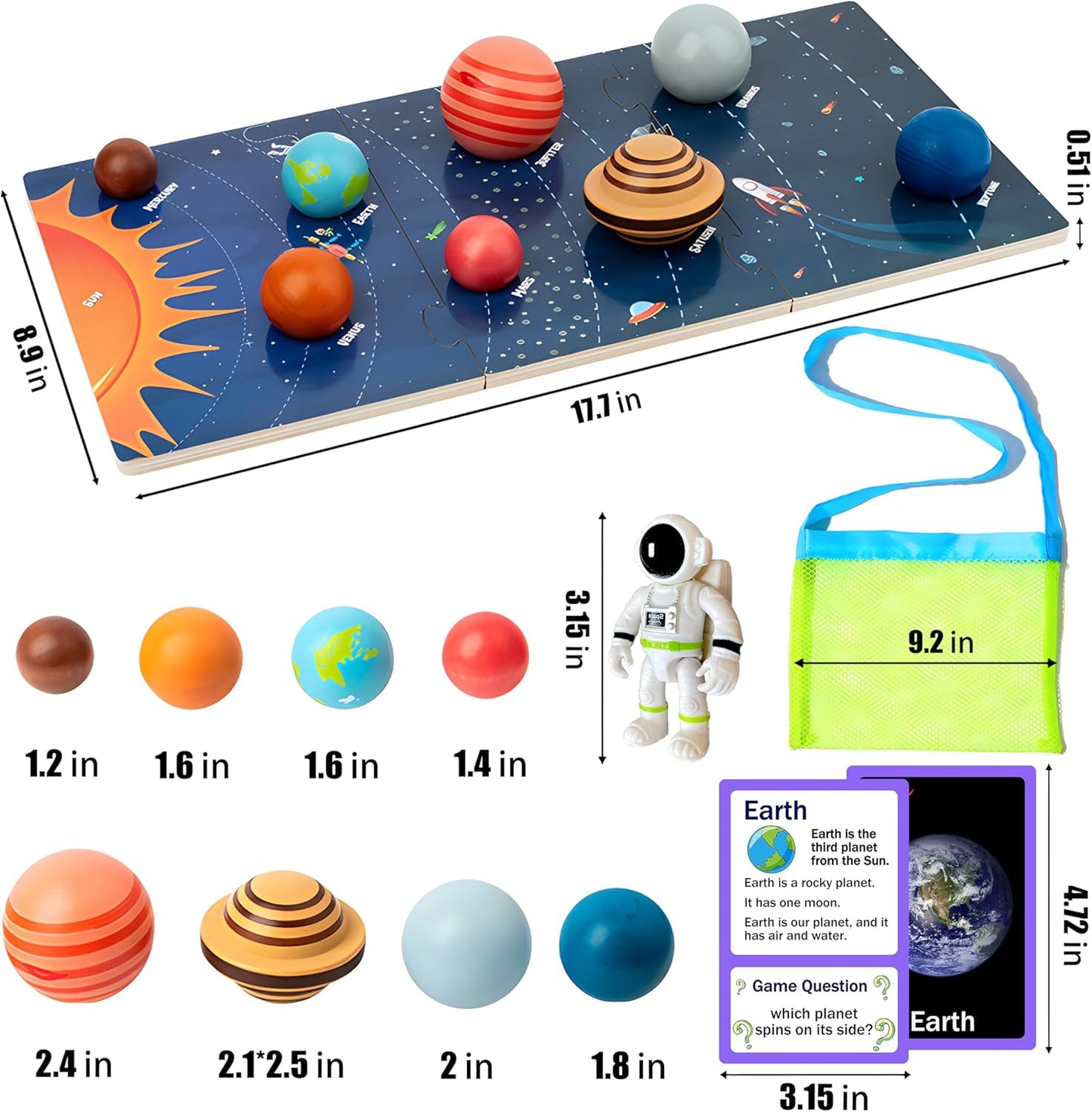 COOLDUCK 30 Pcs Wooden Solar System Model Board Toy Kit, Montessori Planet Balls Toys with Astronaut Figures, Preschool Learning Educational Puzzle, Space Knowledge Flash Cards Learning Toys for Kids