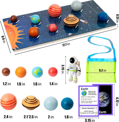 COOLDUCK 30 Pcs Wooden Solar System Model Board Toy Kit, Montessori Planet Balls Toys with Astronaut Figures, Preschool Learning Educational Puzzle, Space Knowledge Flash Cards Learning Toys for Kids