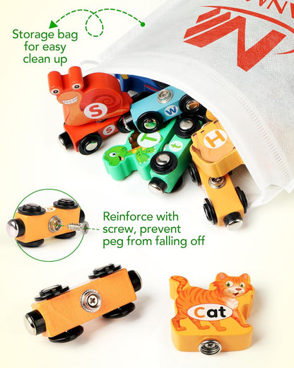 Vanmor Wooden Train Set for Toddlers - Snap-Connection Animal Trains, Magnetic Alphabet Train Learning Toys, STEM Preschool Toys, ABC and Animal Play Set for Kids Ages 3-5