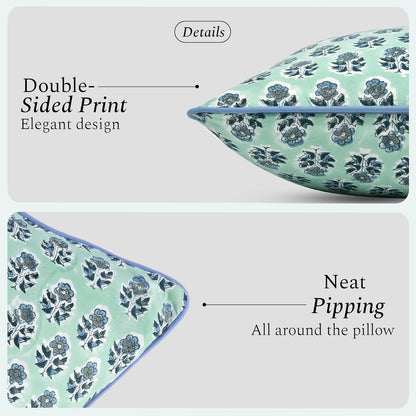 CPC 100% Cotton Throw Pillow Covers 18x18 Inch, Set of 2 Green Block Print Pattern Couch Pillow, Cute Boho Decorative Pillows for Living Room, Bedroom with Hidden Zipper- Agate Green