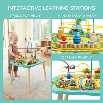 Hape Twisting Railway Maze Table - Wooden Bead Maze & Train Set for Toddlers - Amusement Park Theme with Rollercoaster, UFO & Numbered Stops - Fine Motor Skills Toy for Ages 18M+
