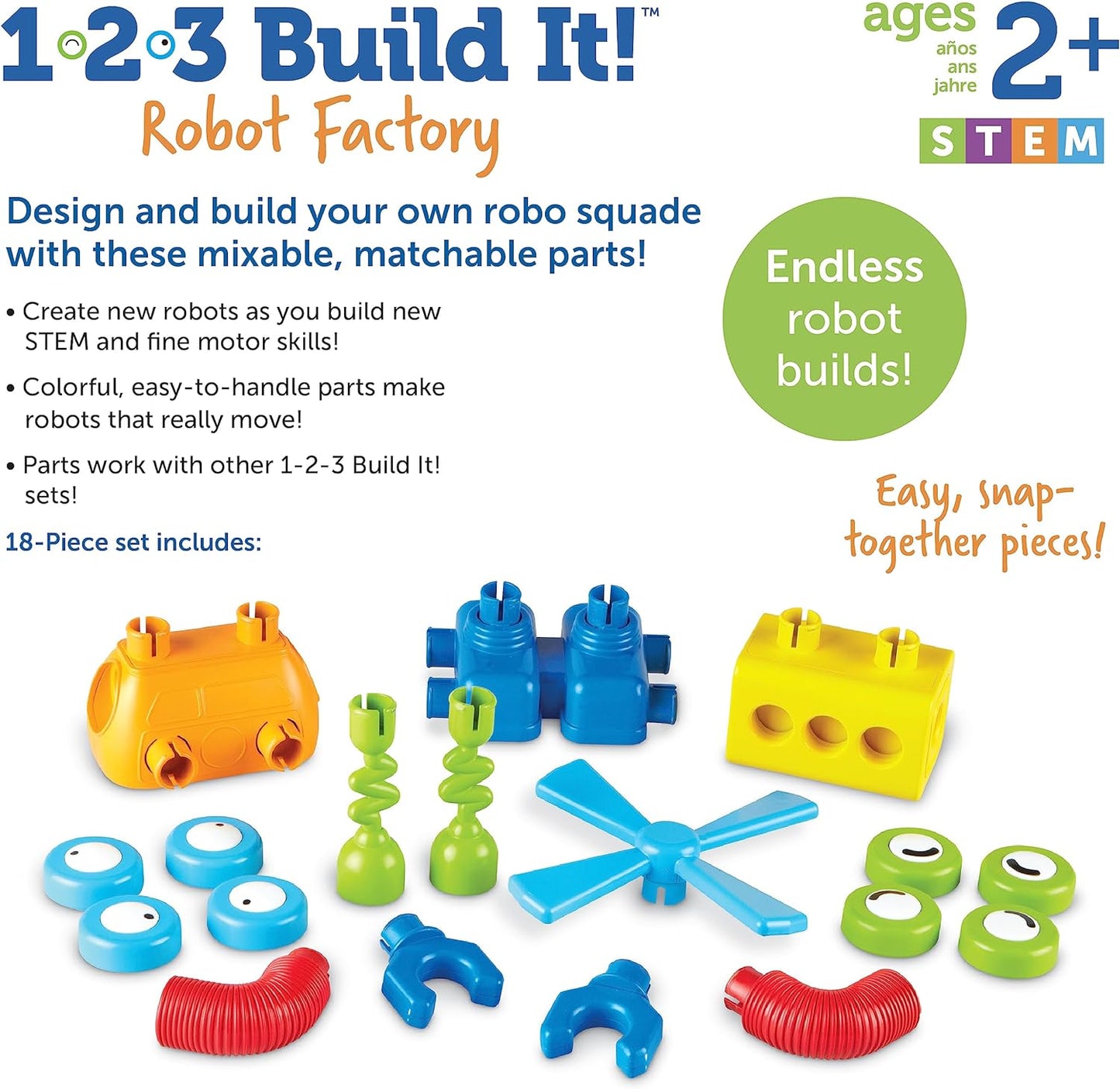 Learning Resources 1-2-3 Build It Robot Factory - Building Robots for Kids, Robot STEM Toys, Kids Engineering Toys, Toddler STEM Activity, Robots Building Kit