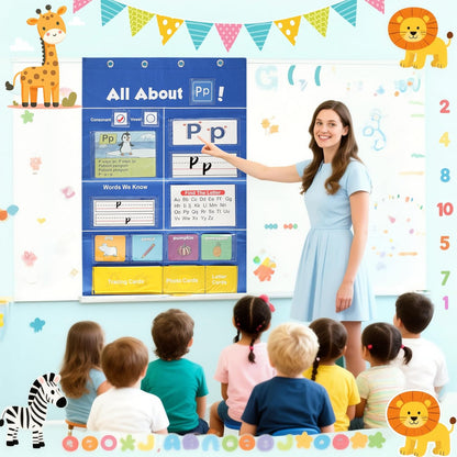 Alphabet Learning Pocket Chart, All About Letter Pocket Chart, ABC Letter Tracing & Sound Recognition Activity Wall Chart for Toddlers, Preschool & Homeschool Classroom Must Haves