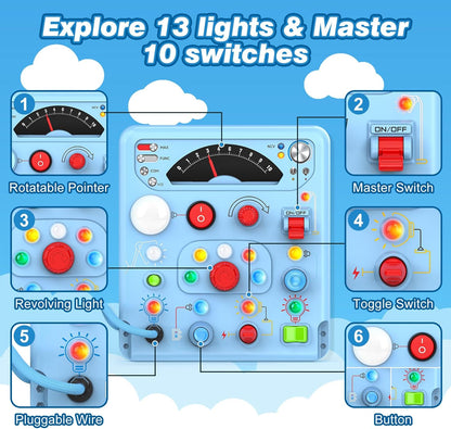 Busy Board Montessori Toys for Toddlers 1 2 3 4 Year Old with 13 LED Lights, Sensory Board Toys Educational Learning for Toddlers, Activity Toy Christmas Birthday Gifts for 1+ Year Old Boys and Girls