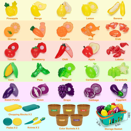 TooyBing Play Food Set for Kids Kitchen- 68 Pcs Kitchen Food Toy for Toddlers, Cutting & Color Sorting Fake Food/ Fruit/ Vegetable Accessories, Birthday Gifts for 3 4 5 Years Old Boys Girls