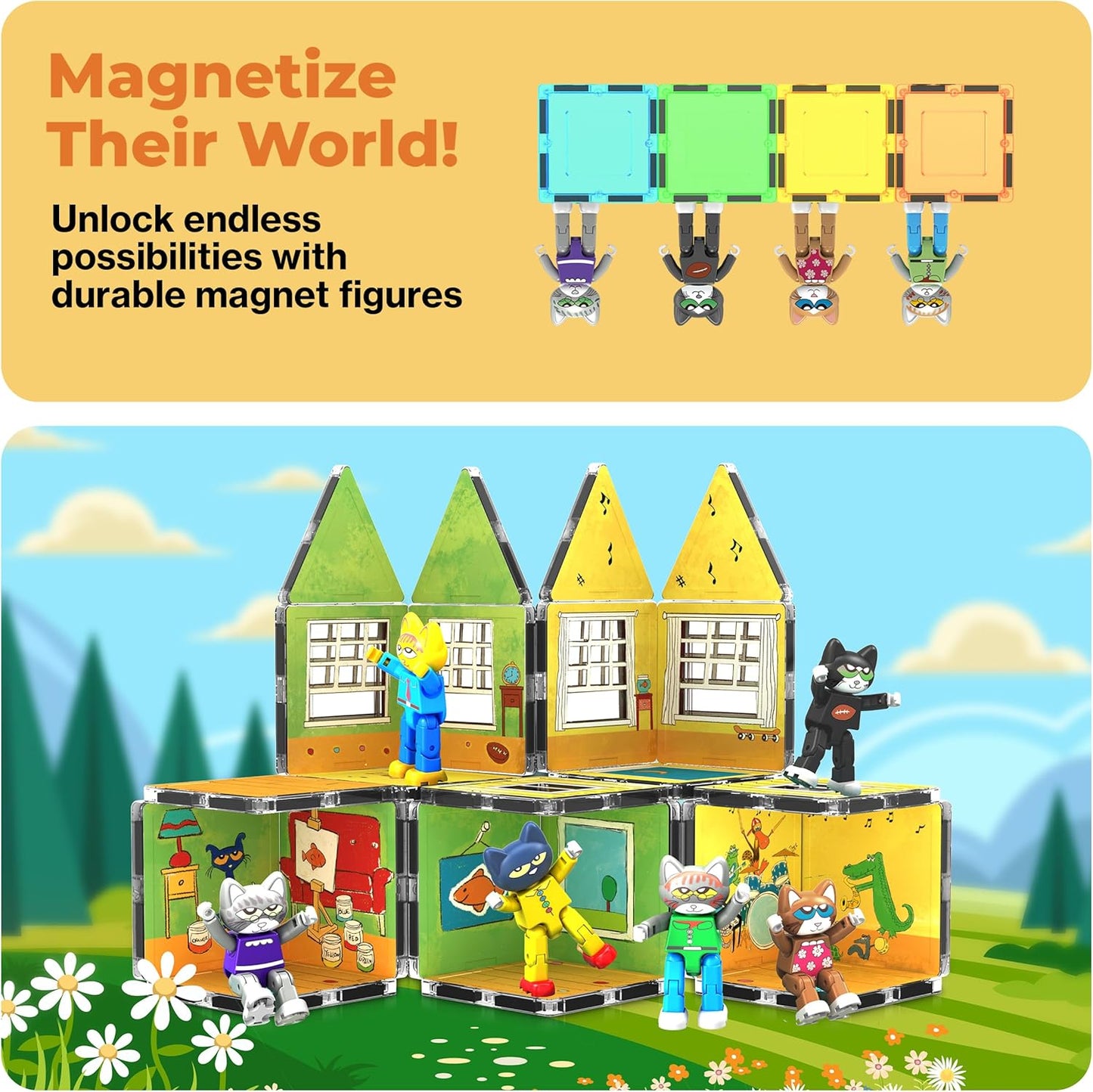 PicassoTiles Magnetic Tiles Pete the Cat Home Theme Building Blocks Double Sided Printing Toddler Magnet Toys Education STEM Learning Kit Construction Brain Development Preschool Kid Game Boy Girl 3+