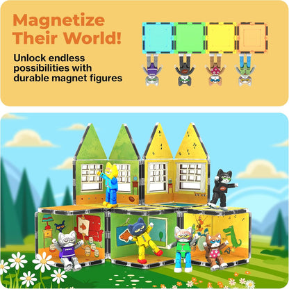 PicassoTiles Magnetic Tiles Pete the Cat Home Theme Building Blocks Double Sided Printing Toddler Magnet Toys Education STEM Learning Kit Construction Brain Development Preschool Kid Game Boy Girl 3+