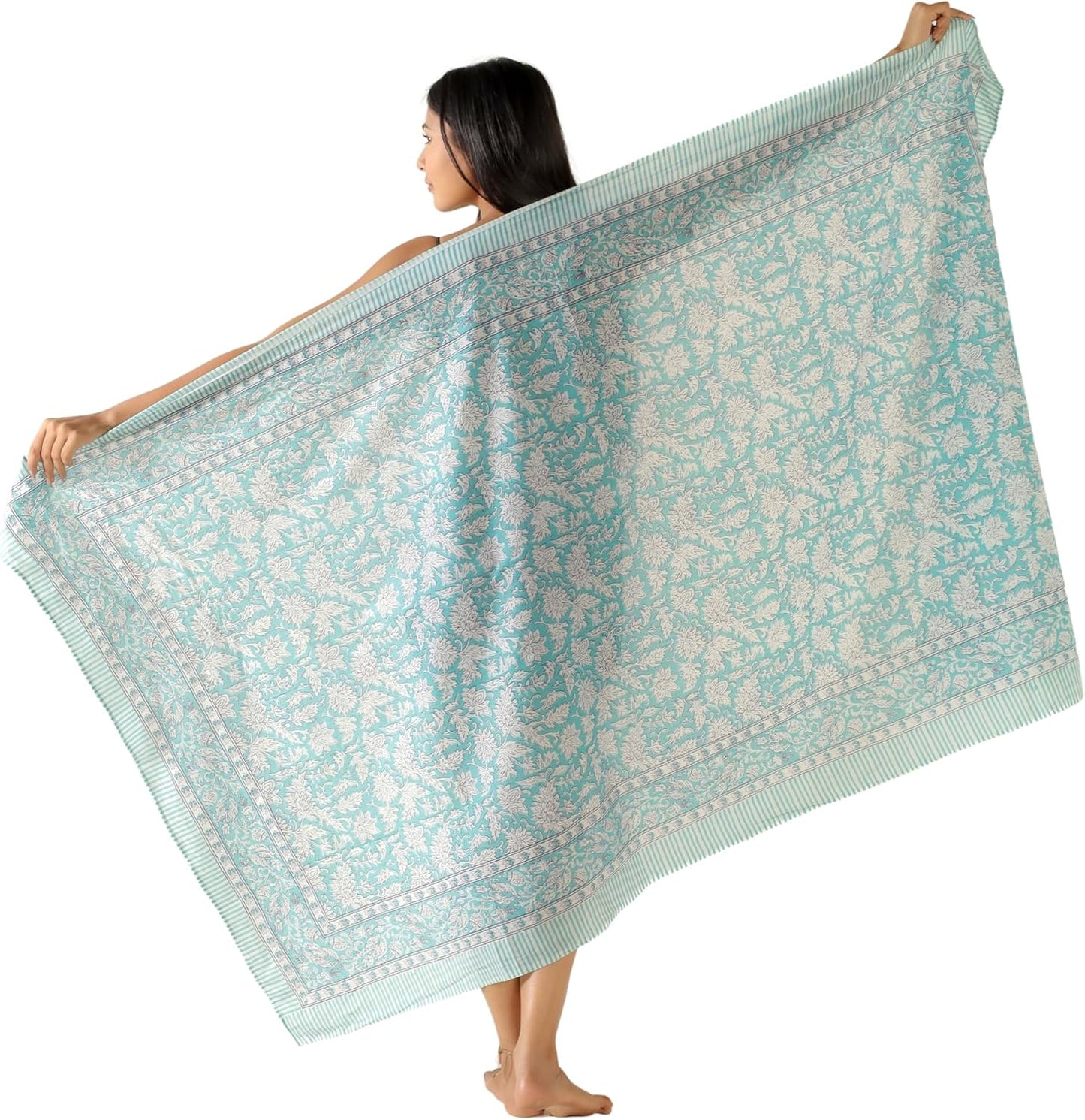 100% Cotton Sarong Cover Up for Women Indian Block Print Beach Wrap Skirt Long Boho Swimsuit Bikini Pareo (73” x 43”)