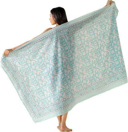 100% Cotton Sarong Cover Up for Women Indian Block Print Beach Wrap Skirt Long Boho Swimsuit Bikini Pareo (73” x 43”)
