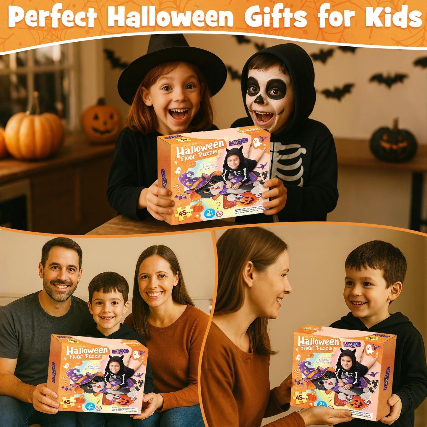 45 Pcs Halloween Floor Puzzle with Black Cat Jumbo Jigsaw Puzzles for Kids Age 4-8, Boo Basket Gifts Stuffers for Boys Girls