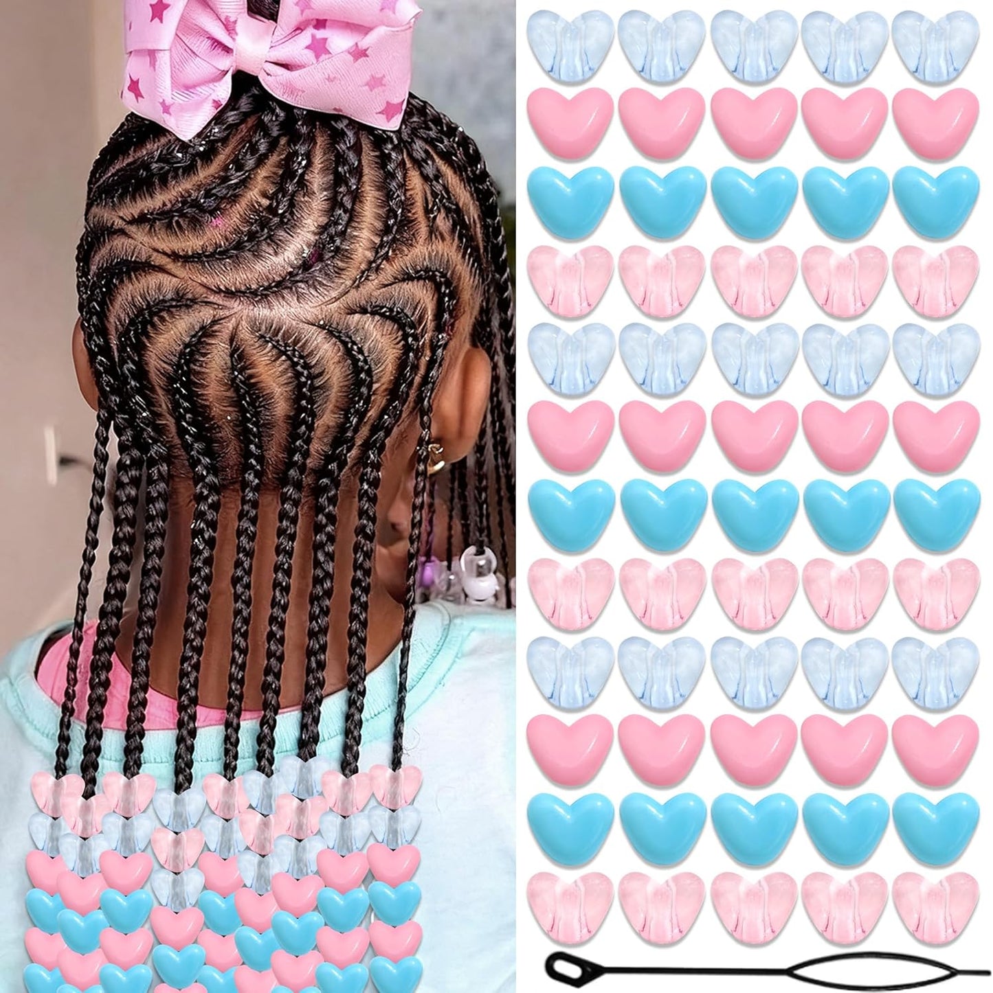 90PCS Heart Hair Beads for Braids Blue Pink Loc Dreadlock Valentine's Day Bead Accessories Purple Cute Acrylic Heart Shape Beads for Kids Girls