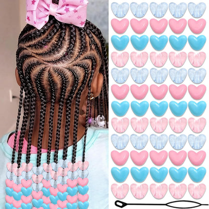 90PCS Heart Hair Beads for Braids Blue Pink Loc Dreadlock Valentine's Day Bead Accessories Purple Cute Acrylic Heart Shape Beads for Kids Girls