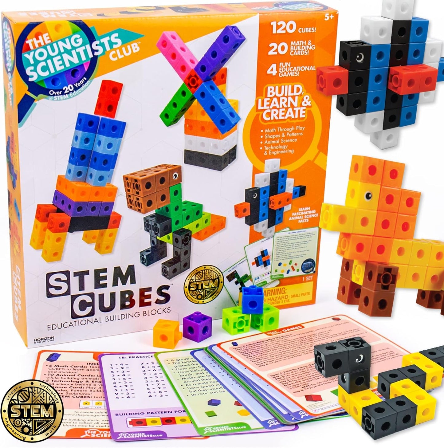 The Young Scientists Club STEM Cubes, Build, Learn & Create with 100+ Math Cubes Manipulatives, 4-in-1 Educational Games, Math Cubes for Kids Ages 4-8, Awesome Learn Through Play Toys
